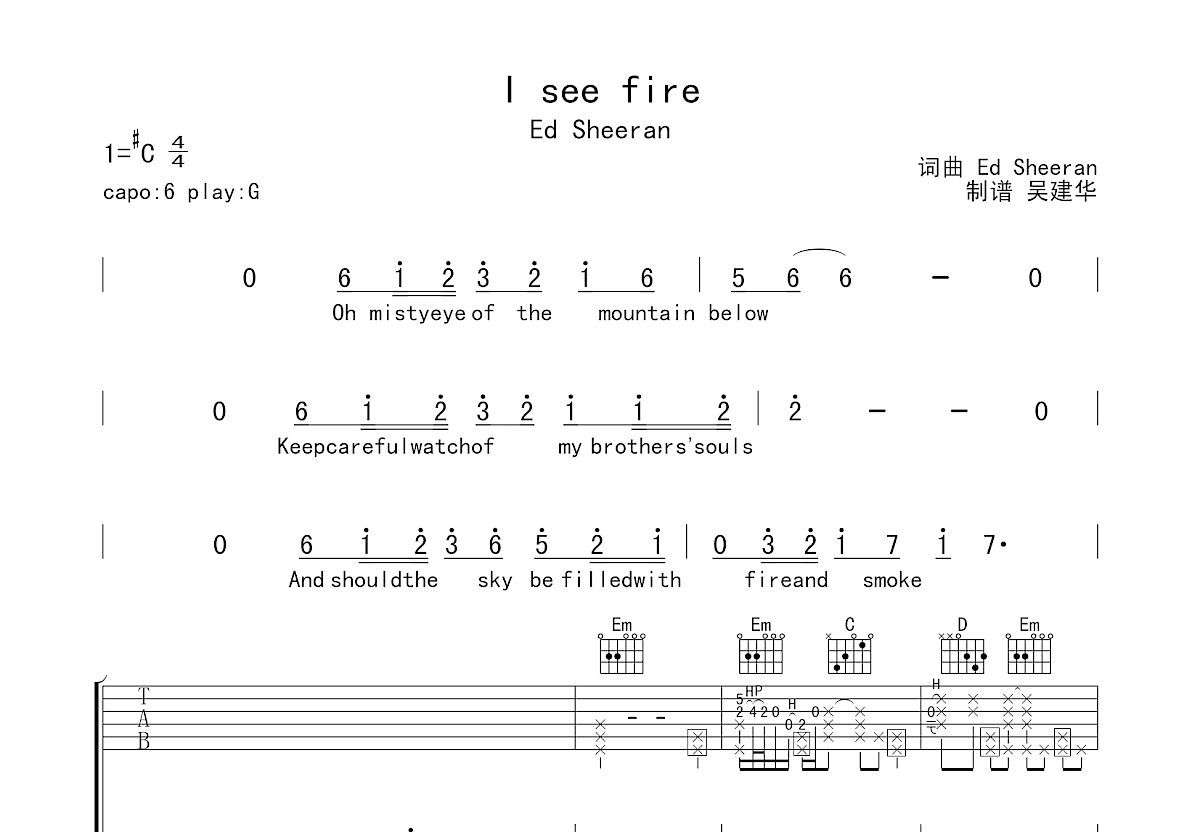 I see fire吉他谱预览图