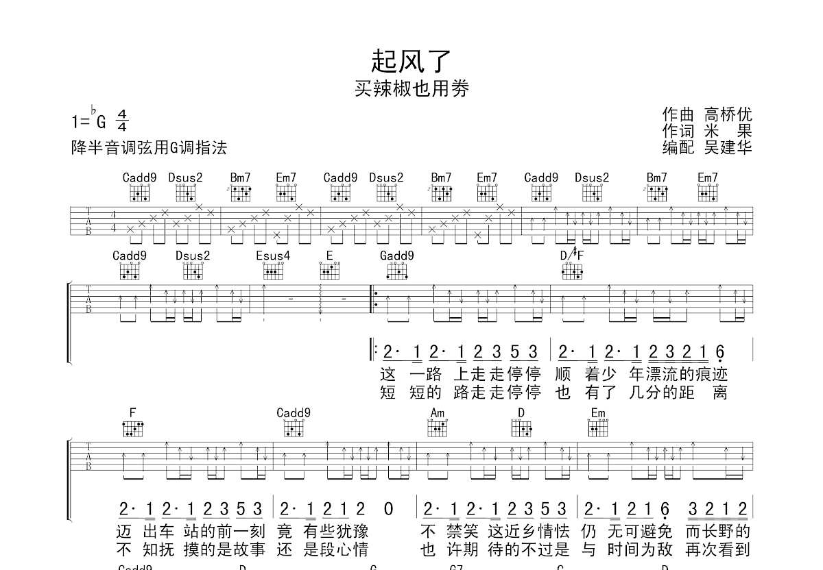 起风了吉他谱预览图