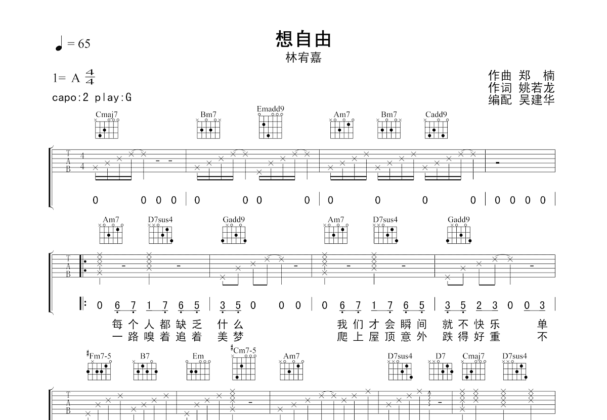 想自由吉他谱预览图