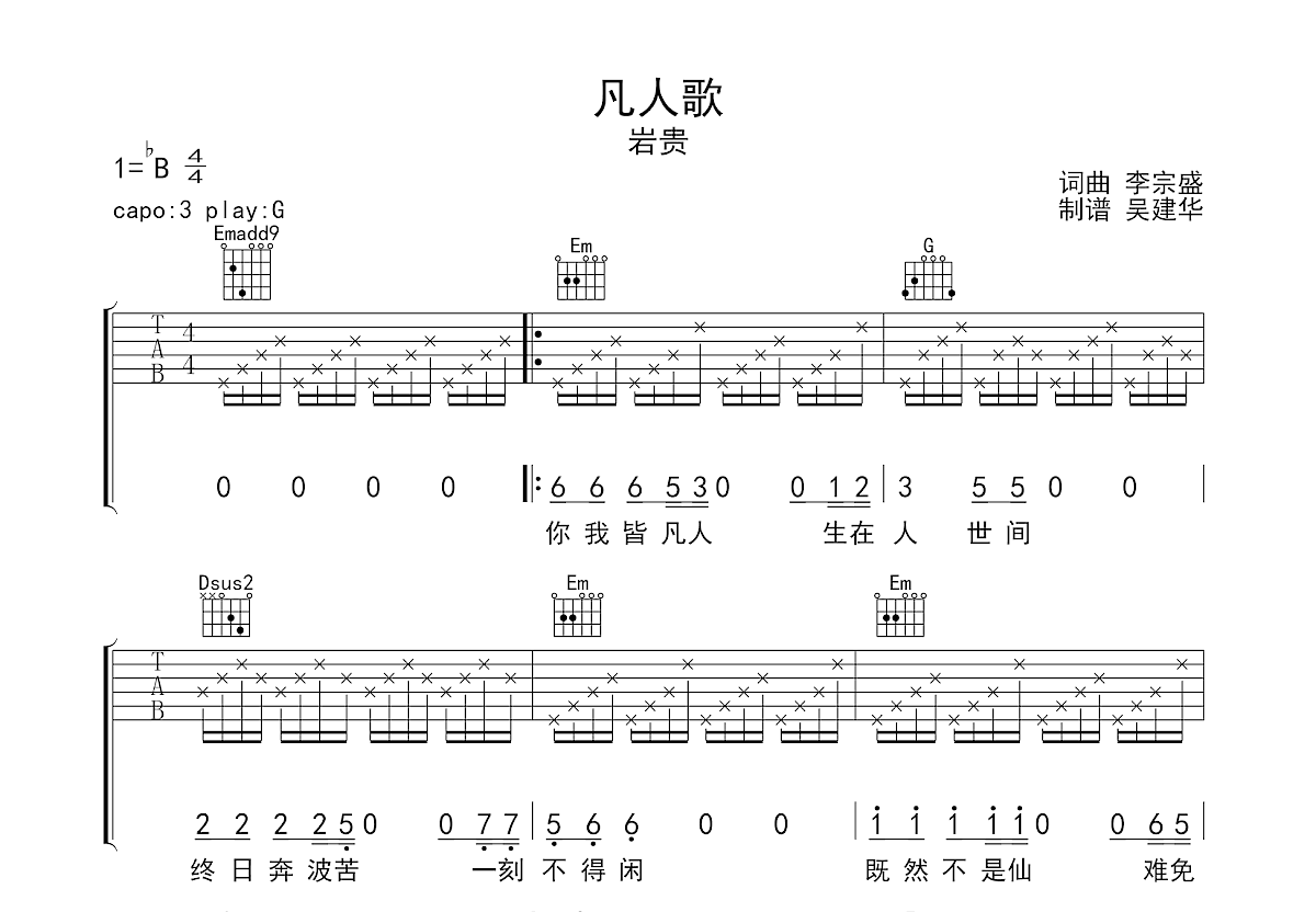 凡人歌吉他谱预览图