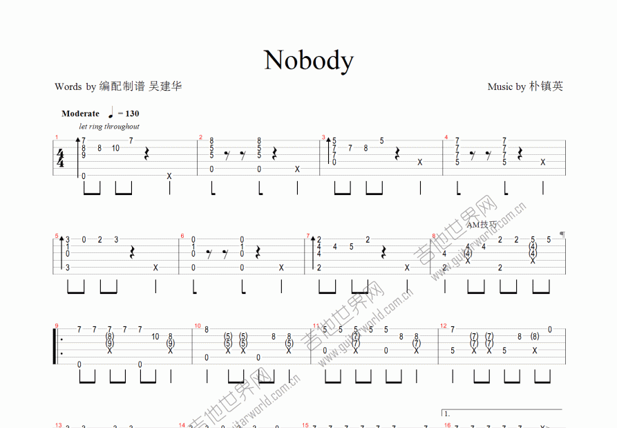 nobody吉他谱预览图