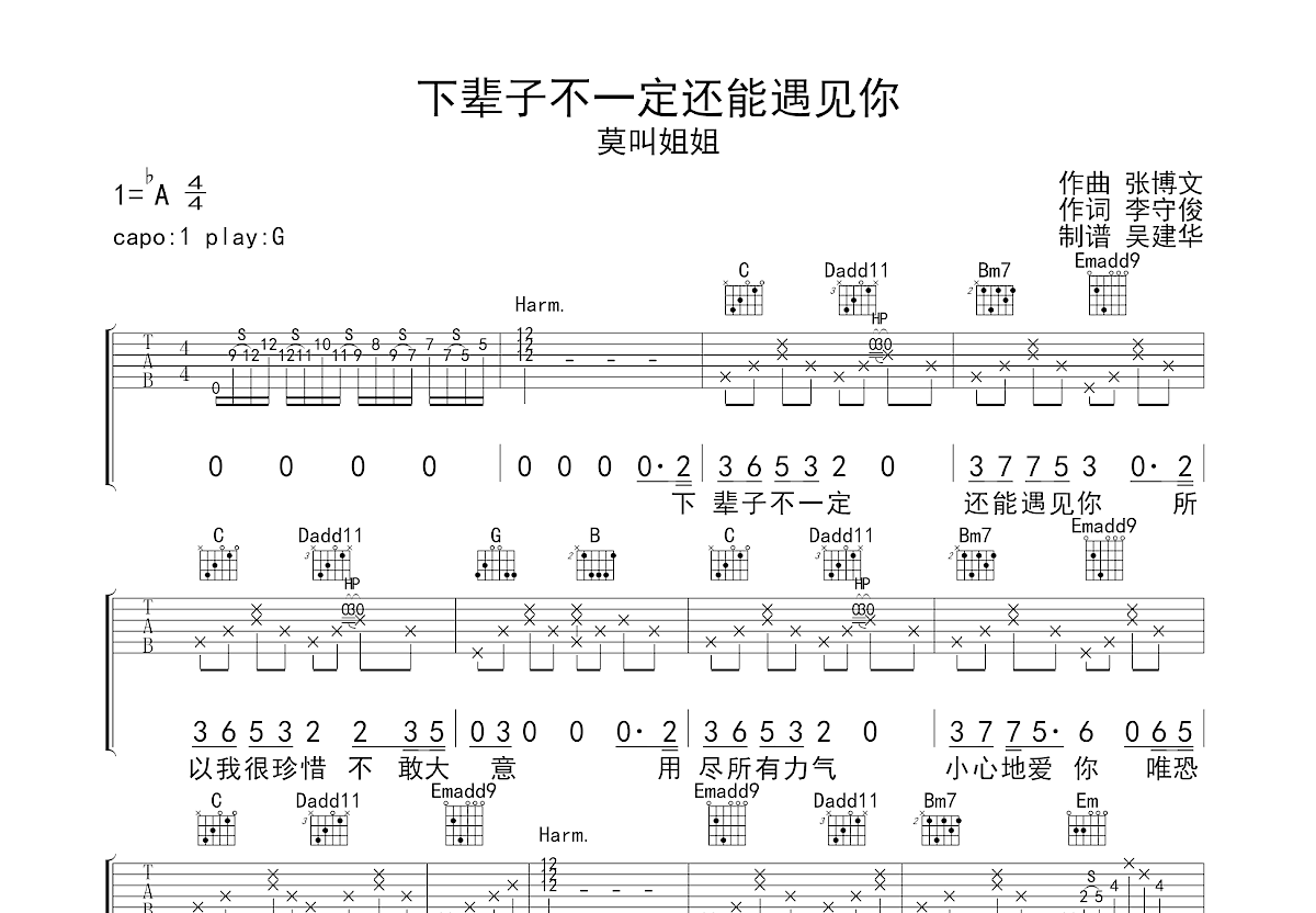 下辈子不一定还能遇见你吉他谱预览图