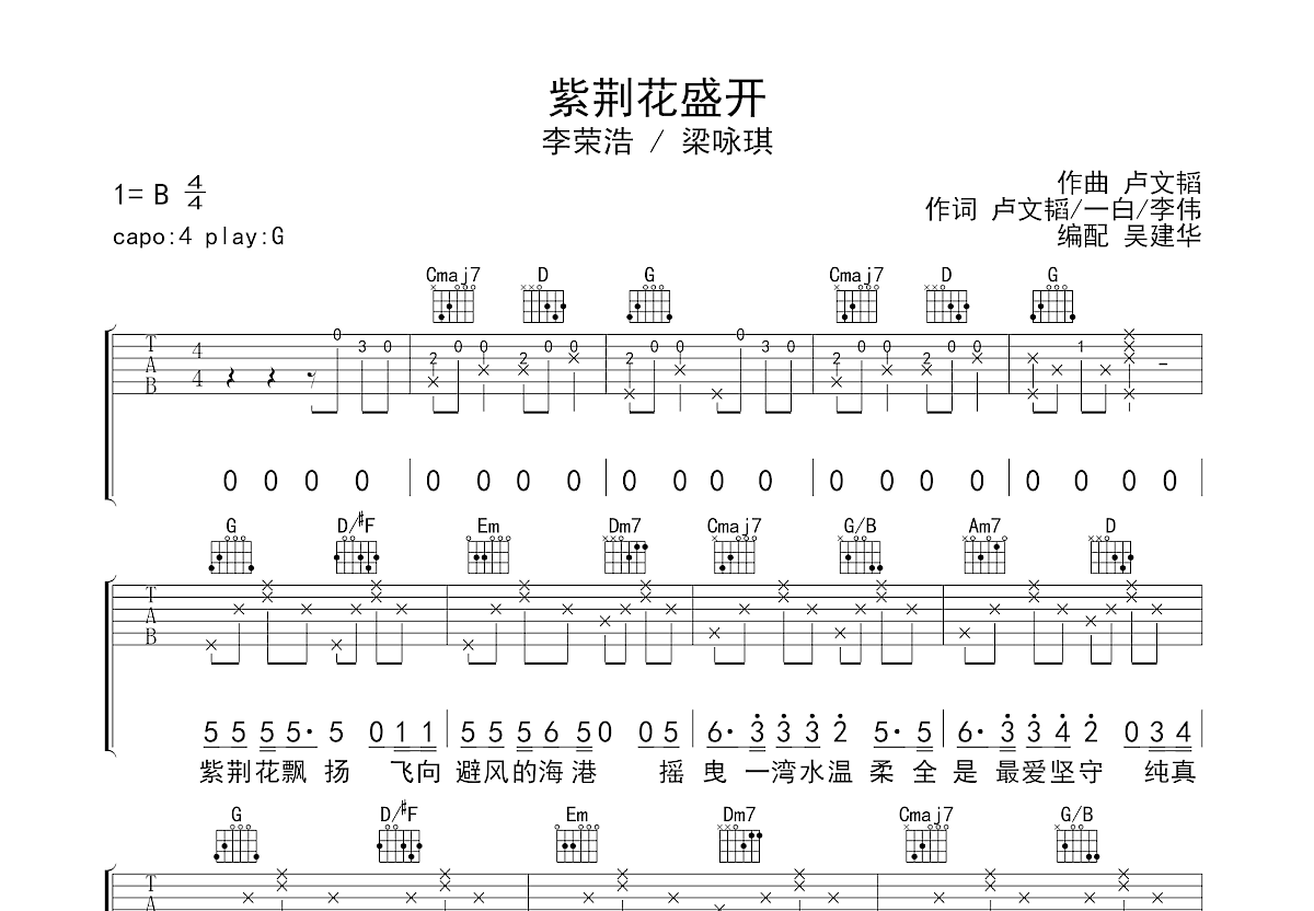 紫荆花盛开吉他谱预览图