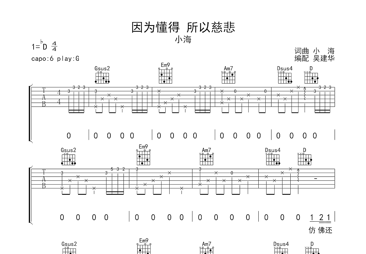 因为懂得 所以慈悲吉他谱预览图