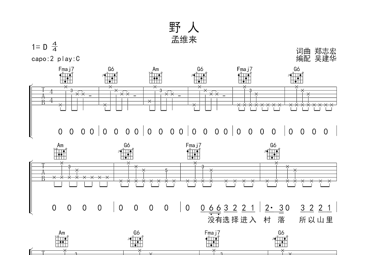 野人吉他谱预览图