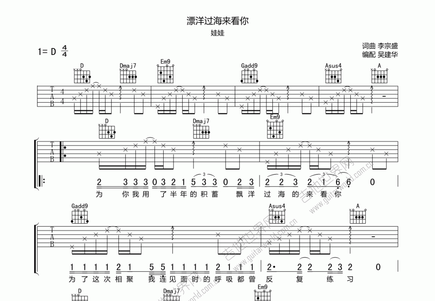 漂洋过海来看你吉他谱预览图