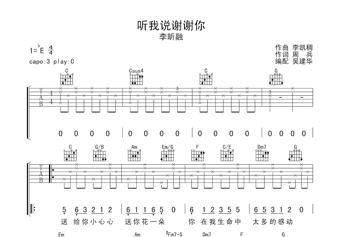 听我说谢谢你吉他谱预览图