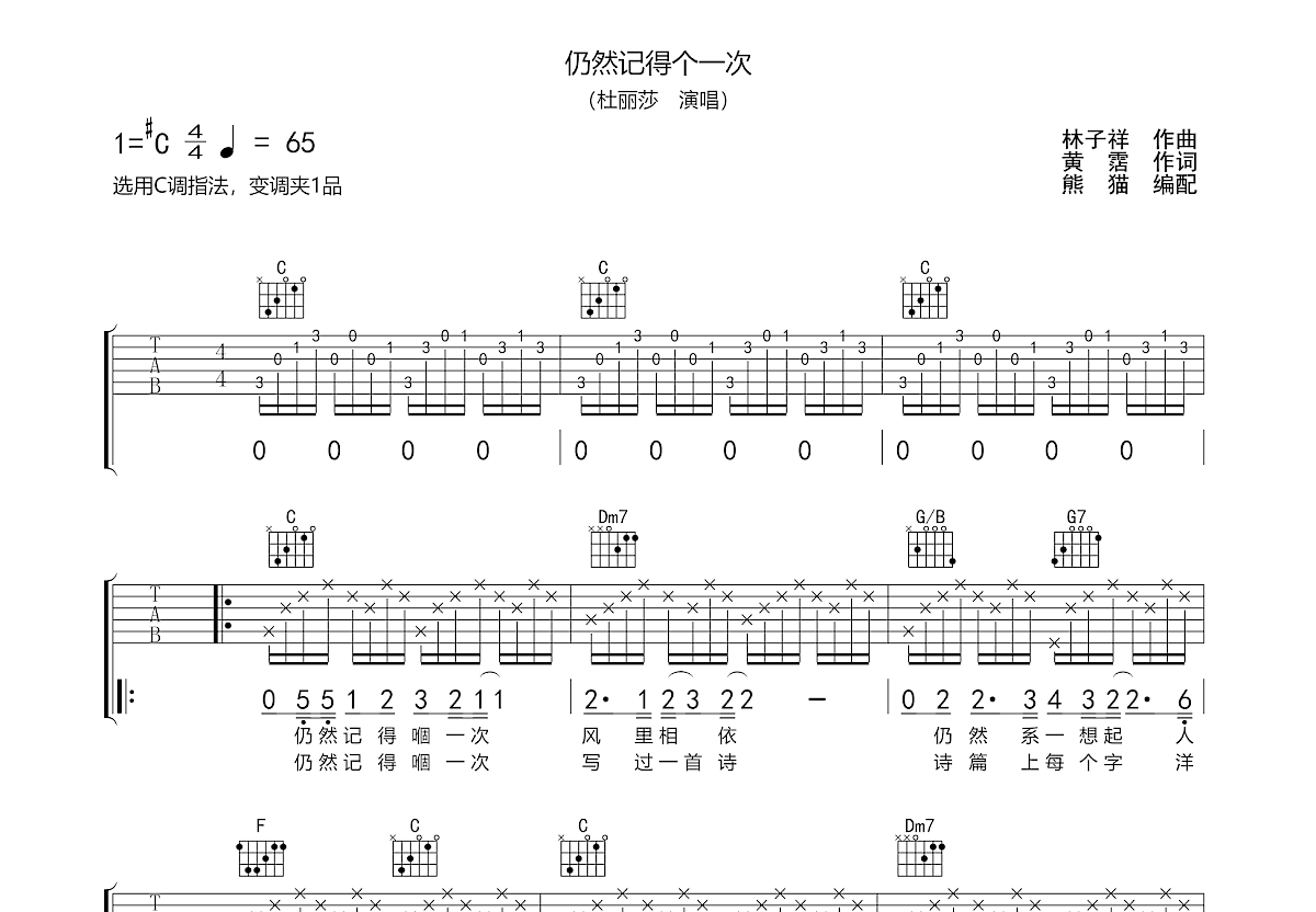 仍然记得个一次吉他谱_杜丽莎_C调弹唱