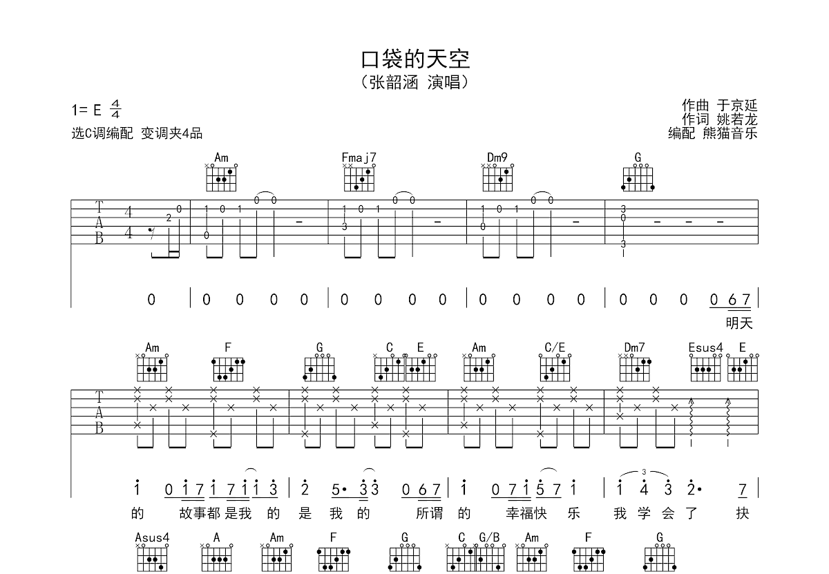 口袋的天空吉他谱_张韶涵_C调弹唱