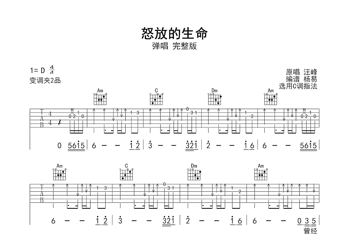 怒放的生命吉他谱_汪峰_C调弹唱