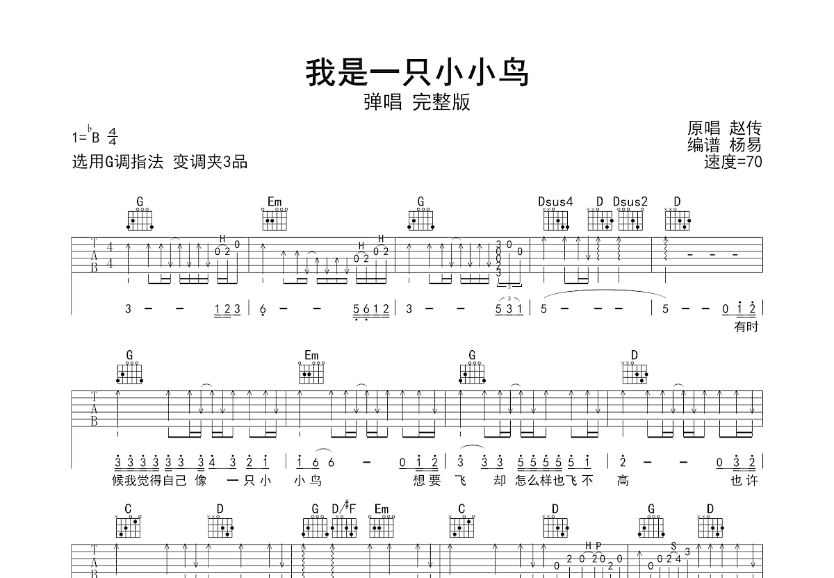 我是一只小小鸟吉他谱_赵传_G调双吉他弹唱