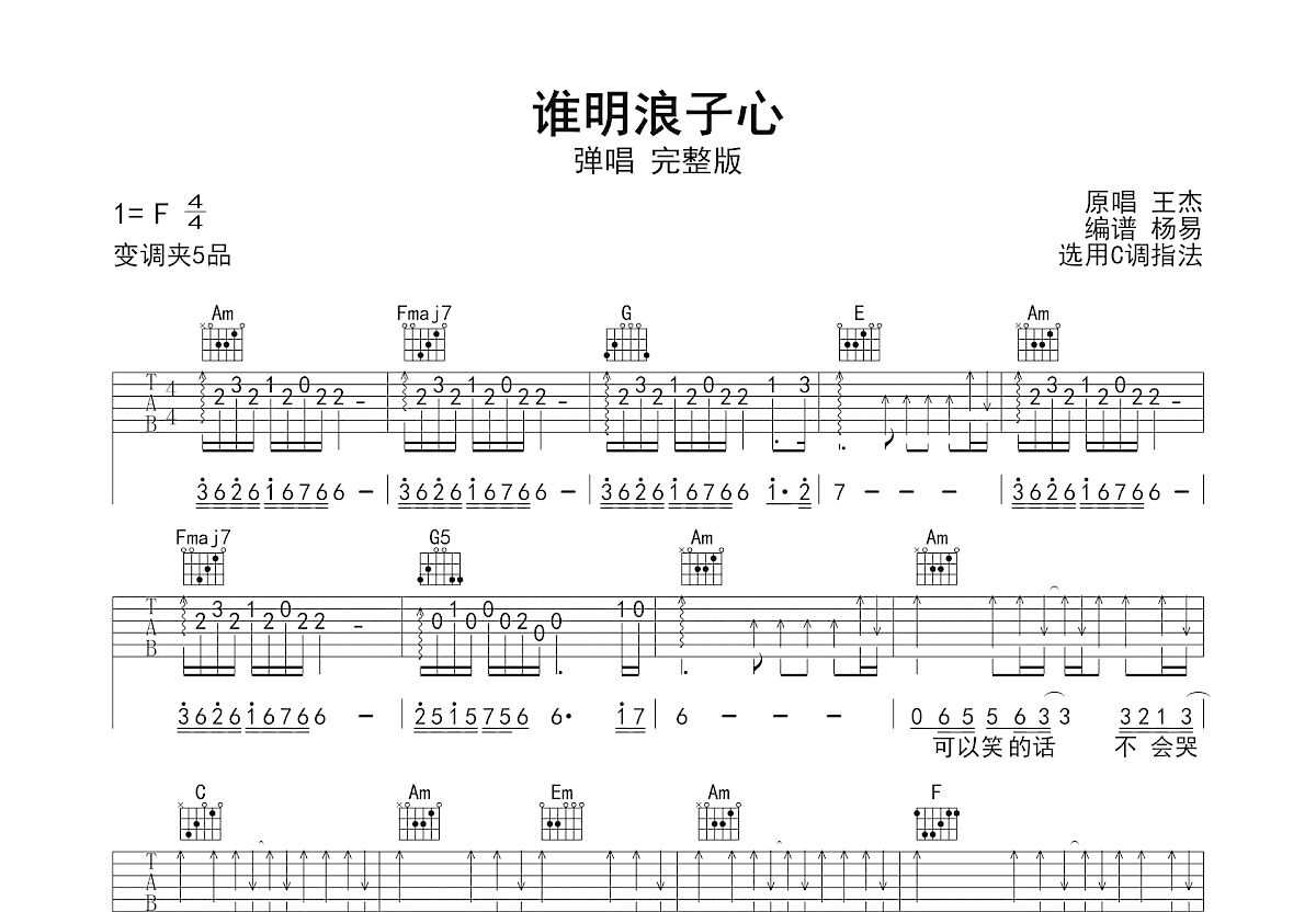 谁明浪子心吉他谱预览图