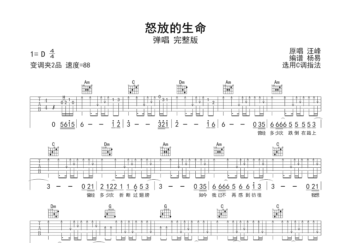 怒放的生命吉他谱_汪峰_C调弹唱