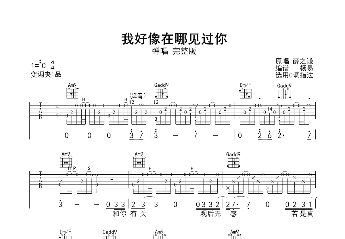 我好像在哪见过你吉他谱_薛之谦_C调弹唱
