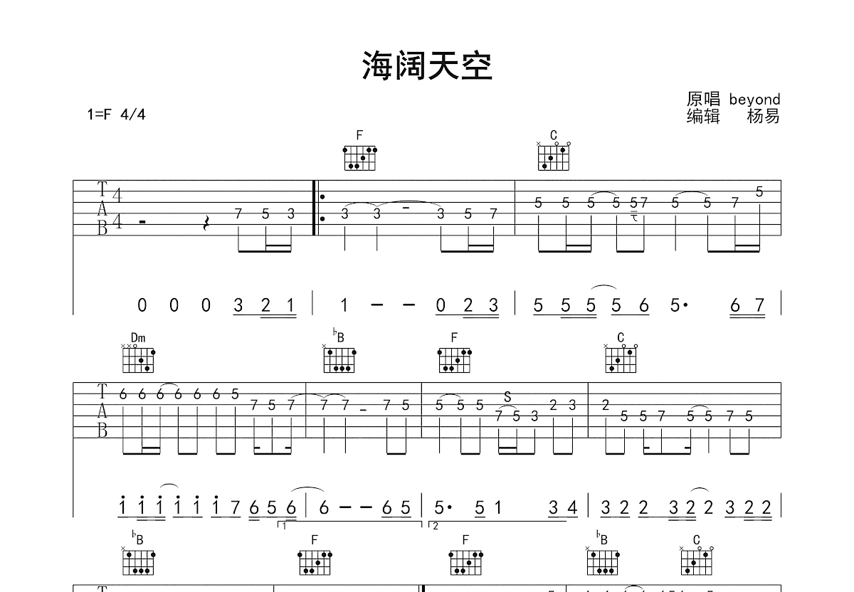 海阔天空吉他谱_黄家驹_F调Solo片段