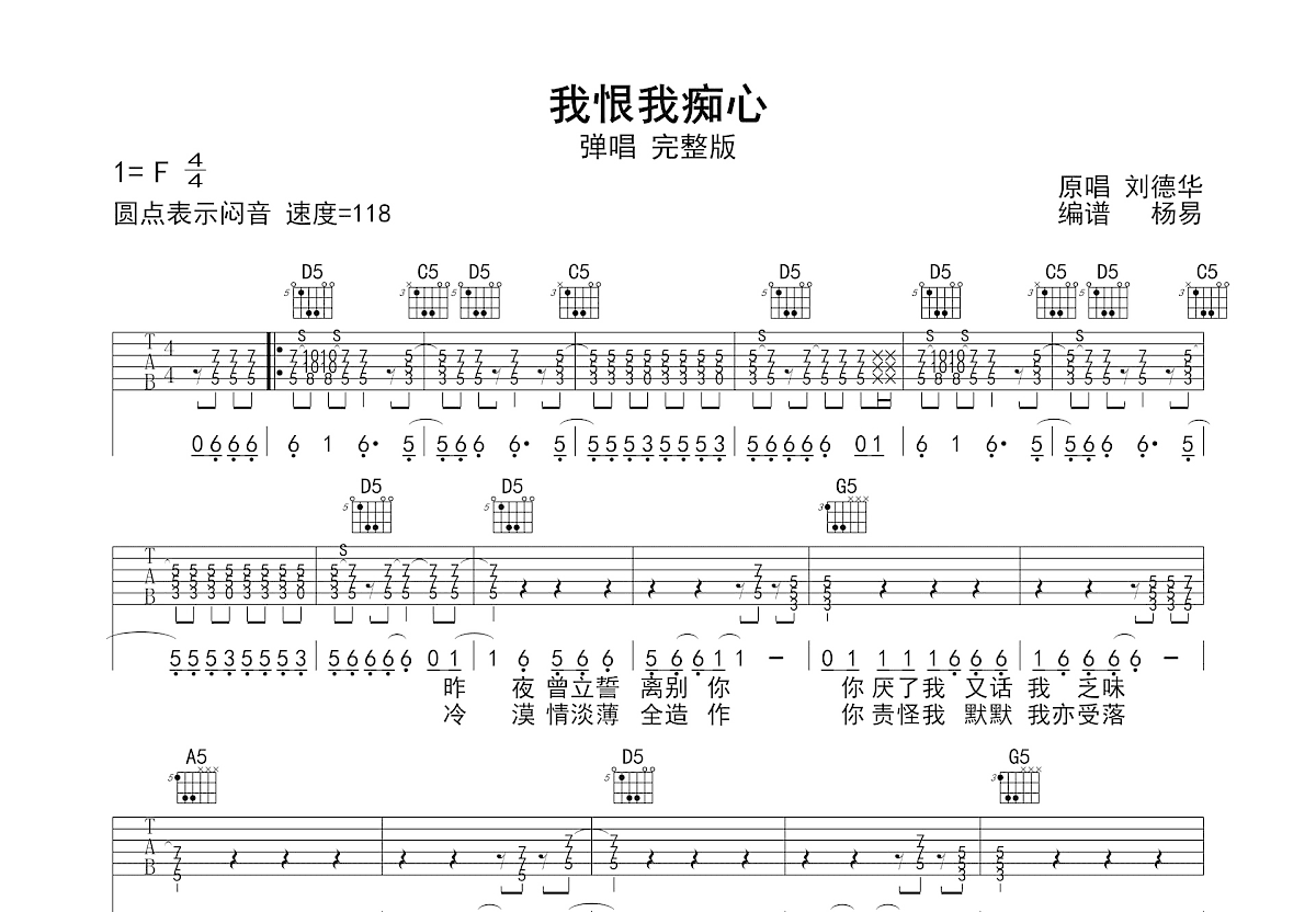我恨我痴心吉他谱预览图