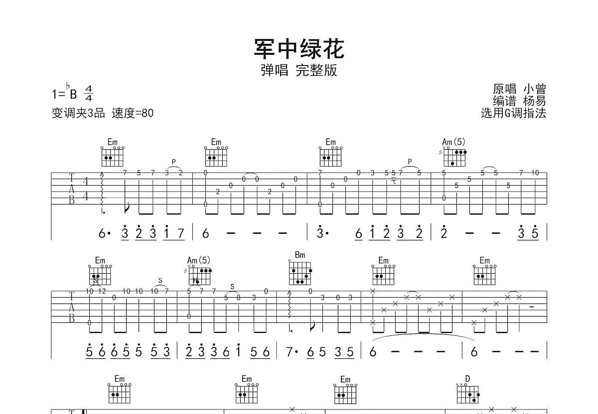 军中绿花吉他谱_小曾_G调弹唱