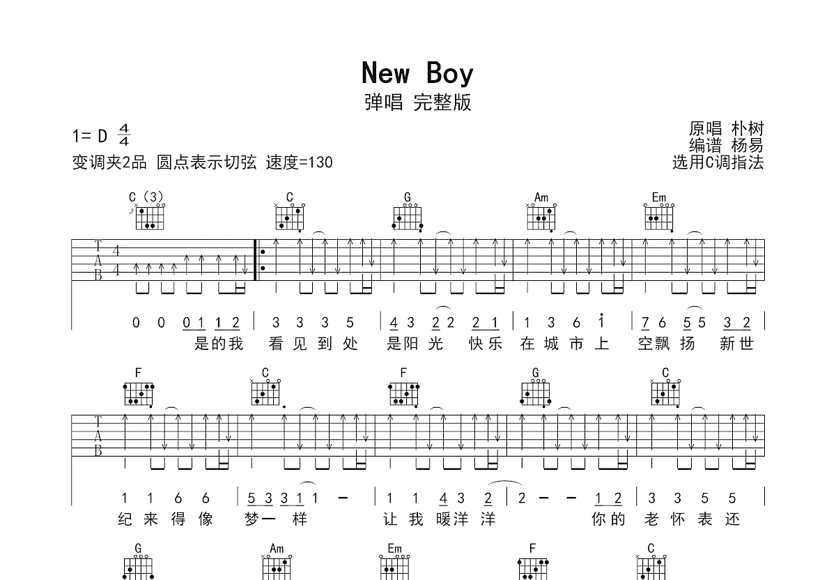 New boy吉他谱_朴树_C调弹唱