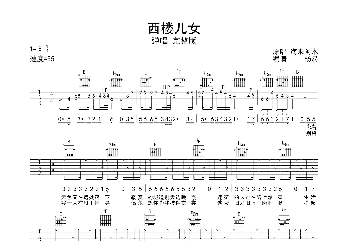 西楼儿女吉他谱_海来阿木_B调双吉他弹唱