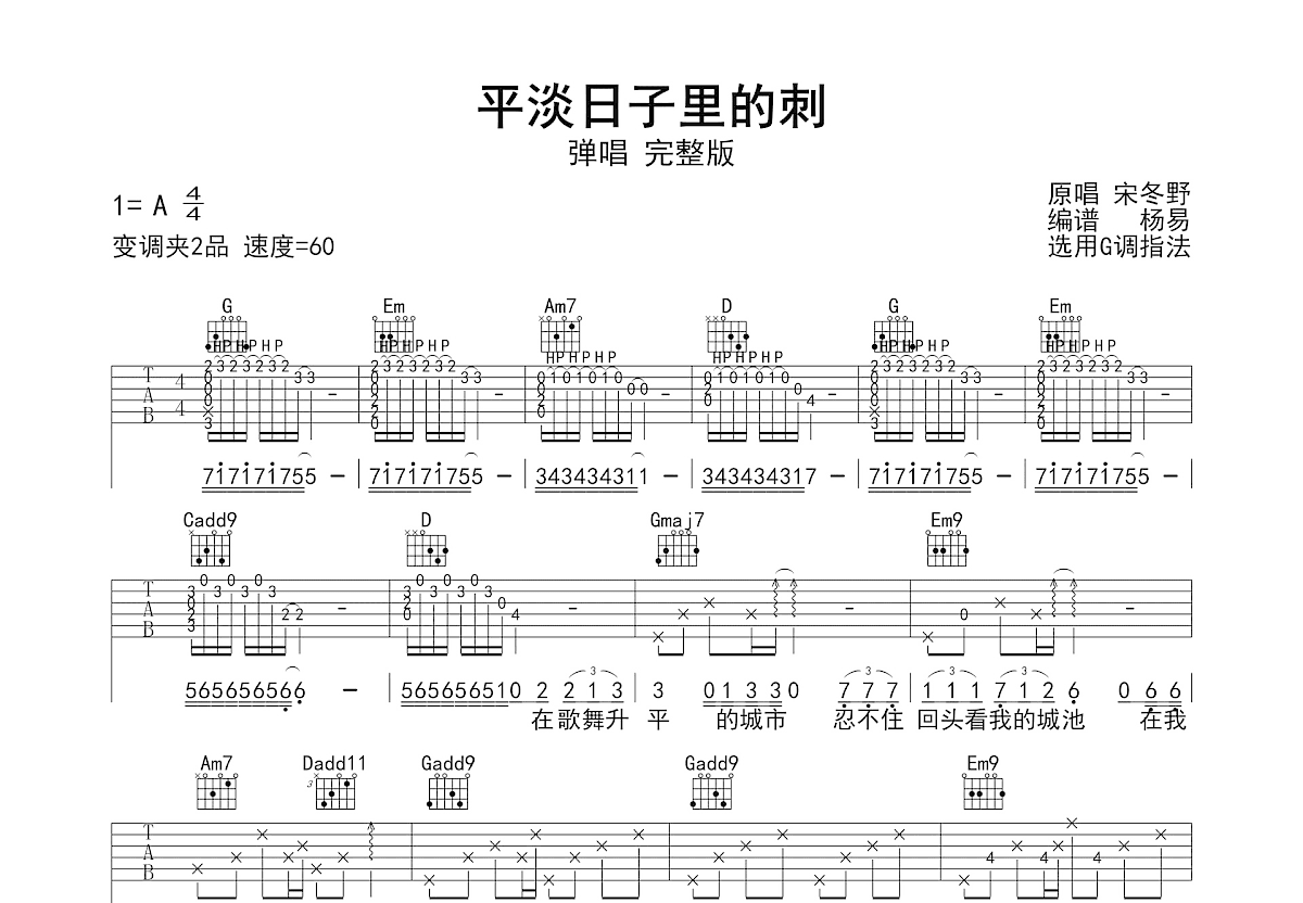 平淡日子里的刺吉他谱_宋冬野_G调弹唱