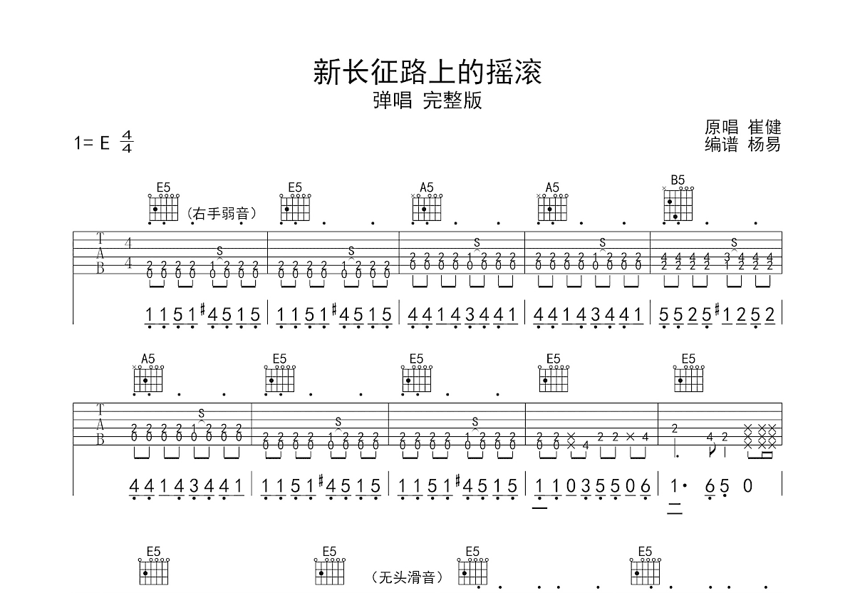 新长征路上的摇滚吉他谱_崔健_E调弹唱