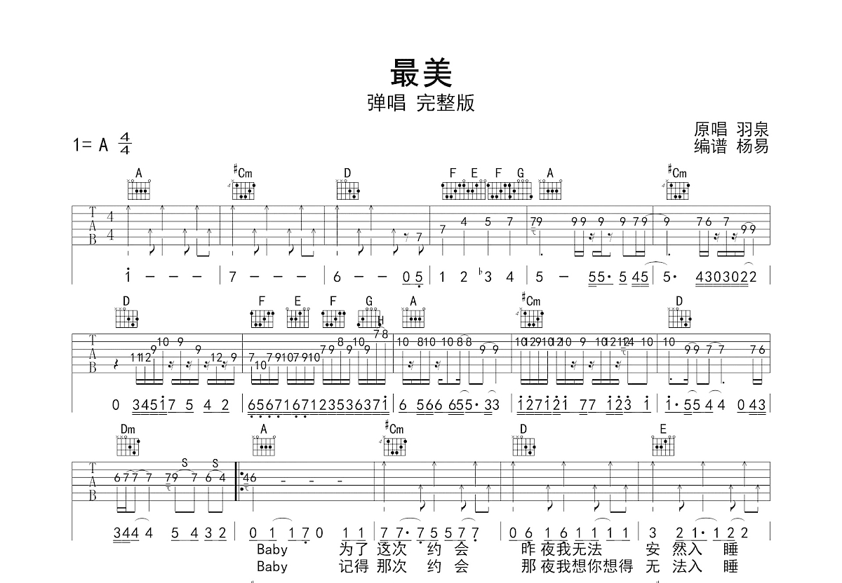最美吉他谱_羽泉_A调双吉他弹唱