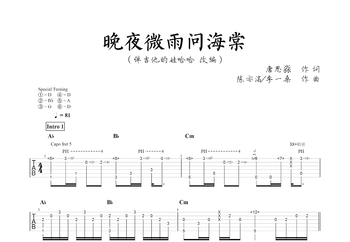 晚夜微雨问海棠吉他谱预览图