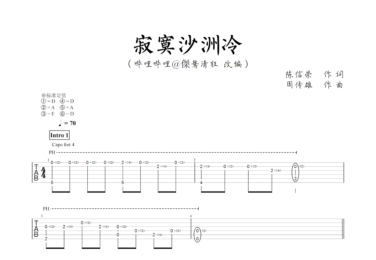 寂寞沙洲冷吉他谱预览图