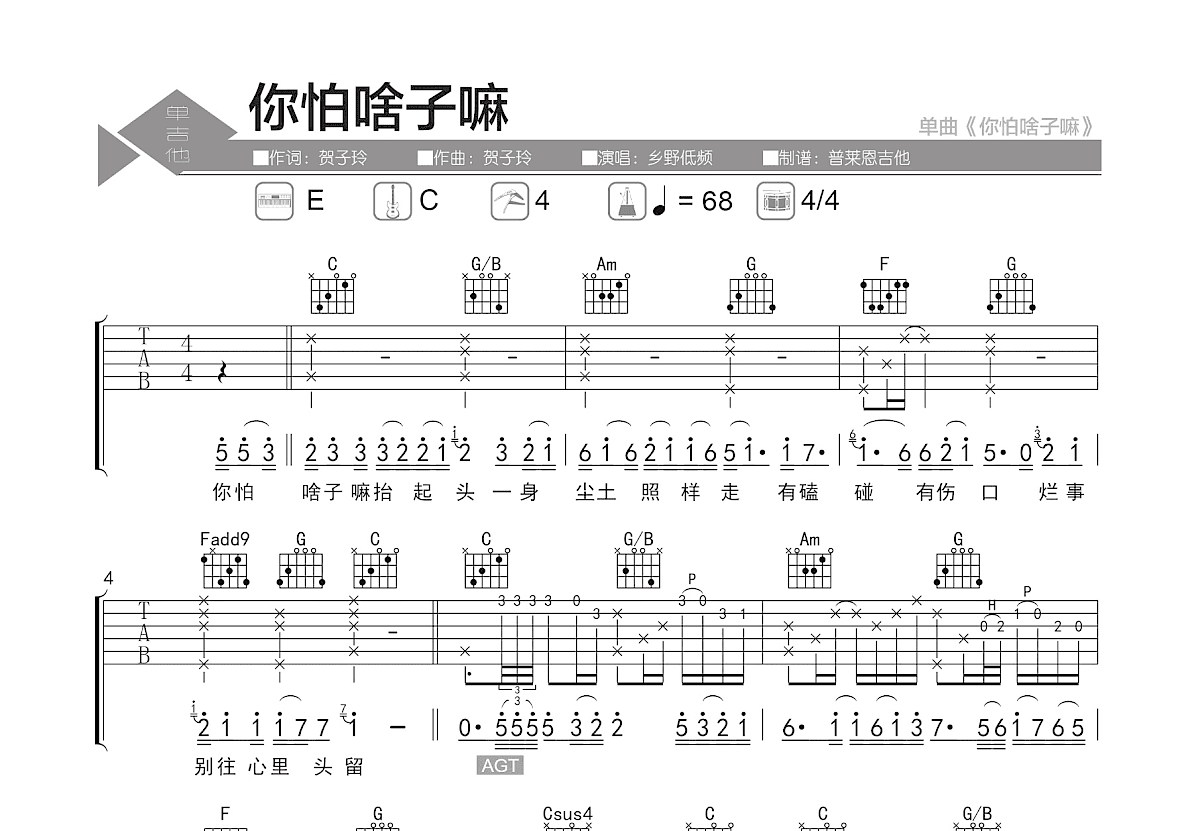你怕啥子嘛吉他谱预览图