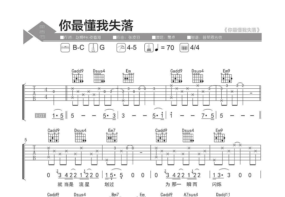 你最懂我失落吉他谱预览图