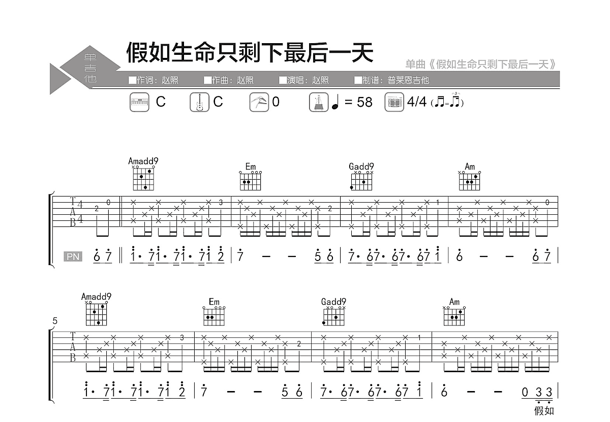 假如生命只剩下最后一天吉他谱预览图