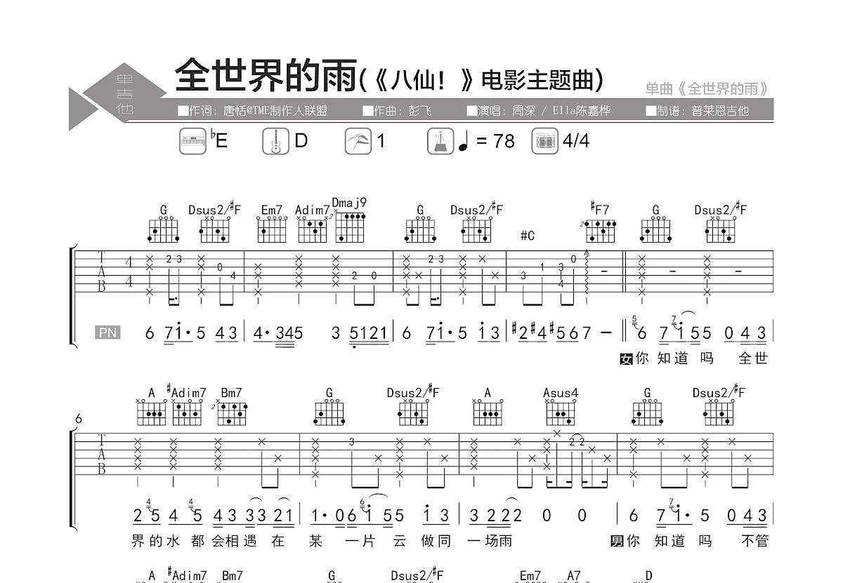 全世界的雨吉他谱预览图