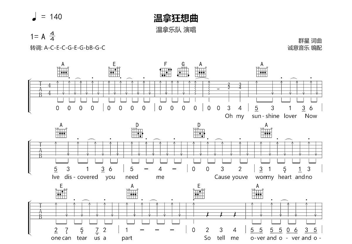 温拿狂想曲吉他谱预览图