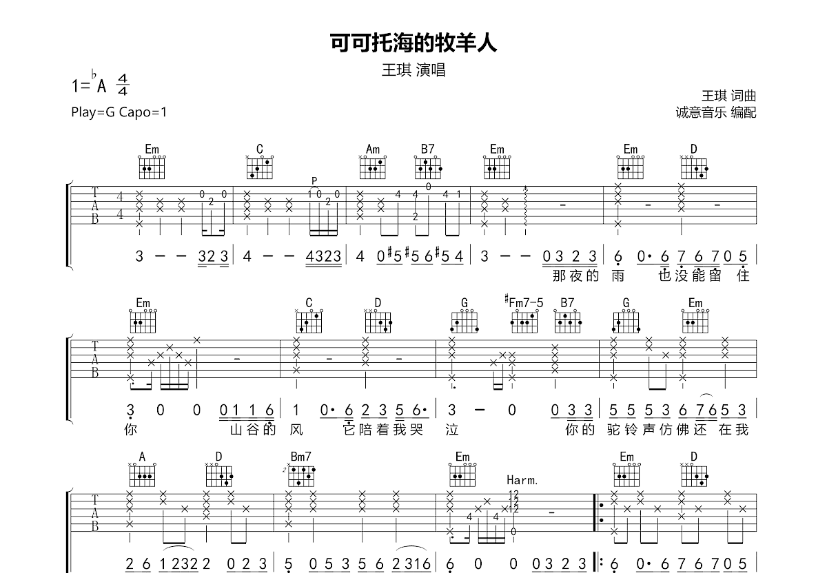 可可托海的牧羊人吉他谱预览图