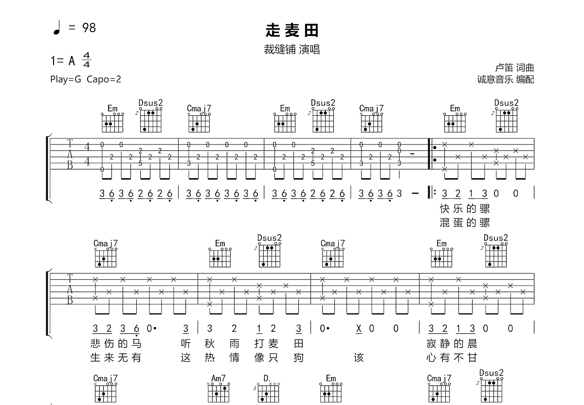 走麦田吉他谱预览图