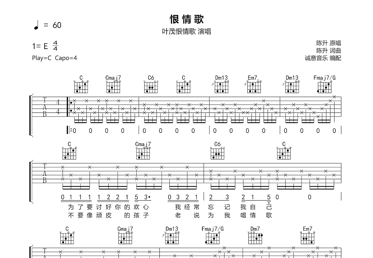 恨情歌吉他谱预览图