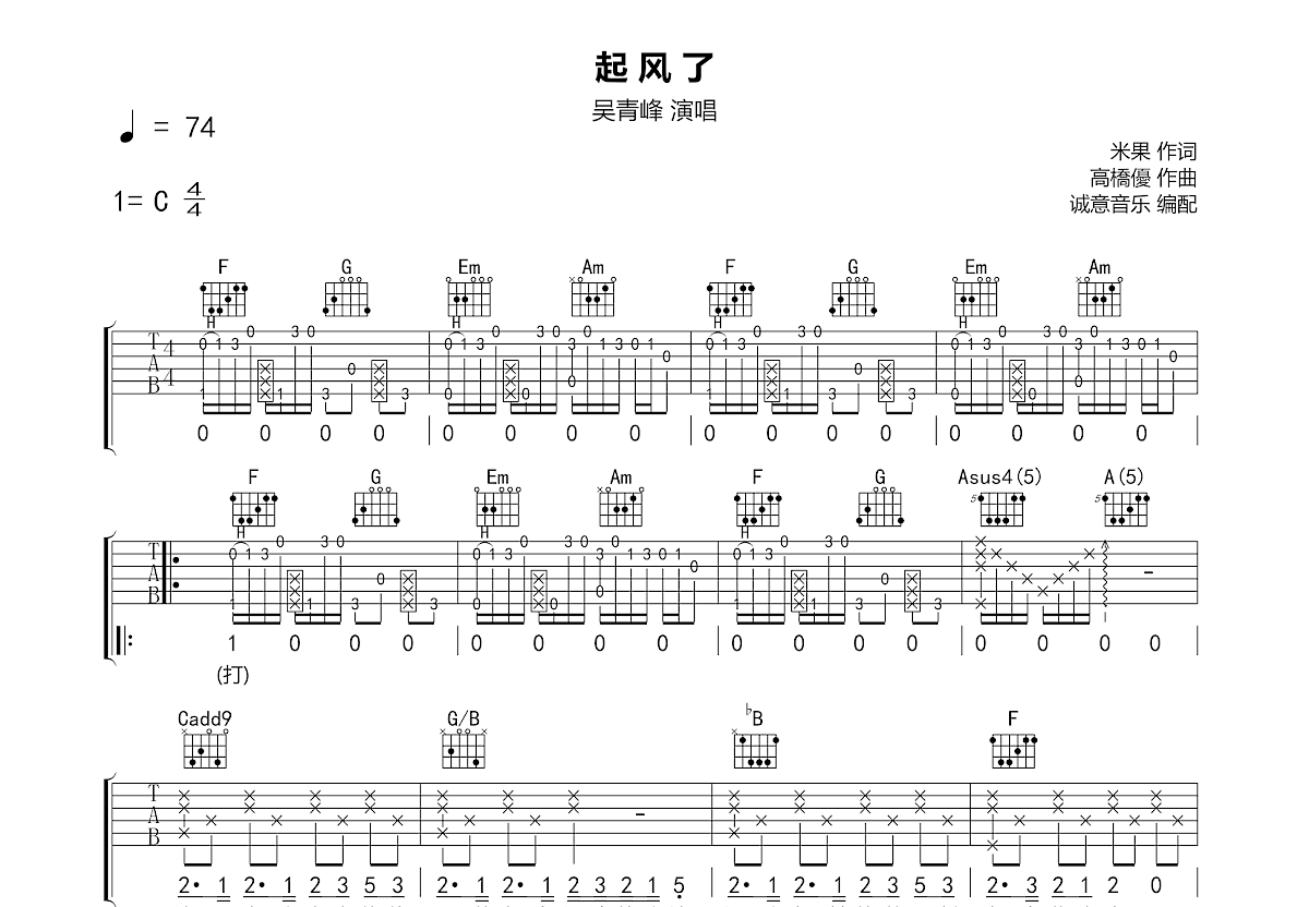 起风了吉他谱预览图