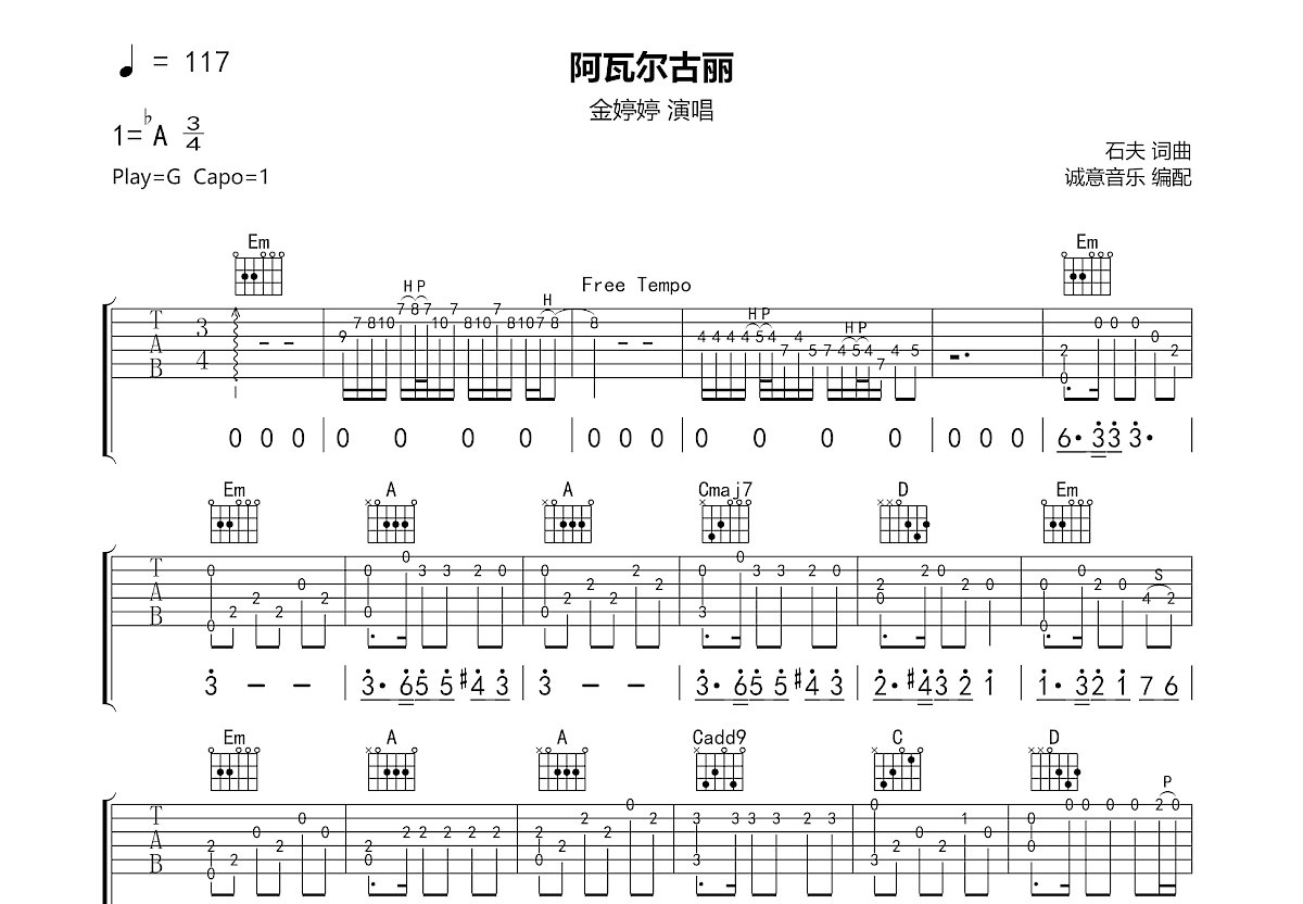 阿瓦尔古丽吉他谱预览图