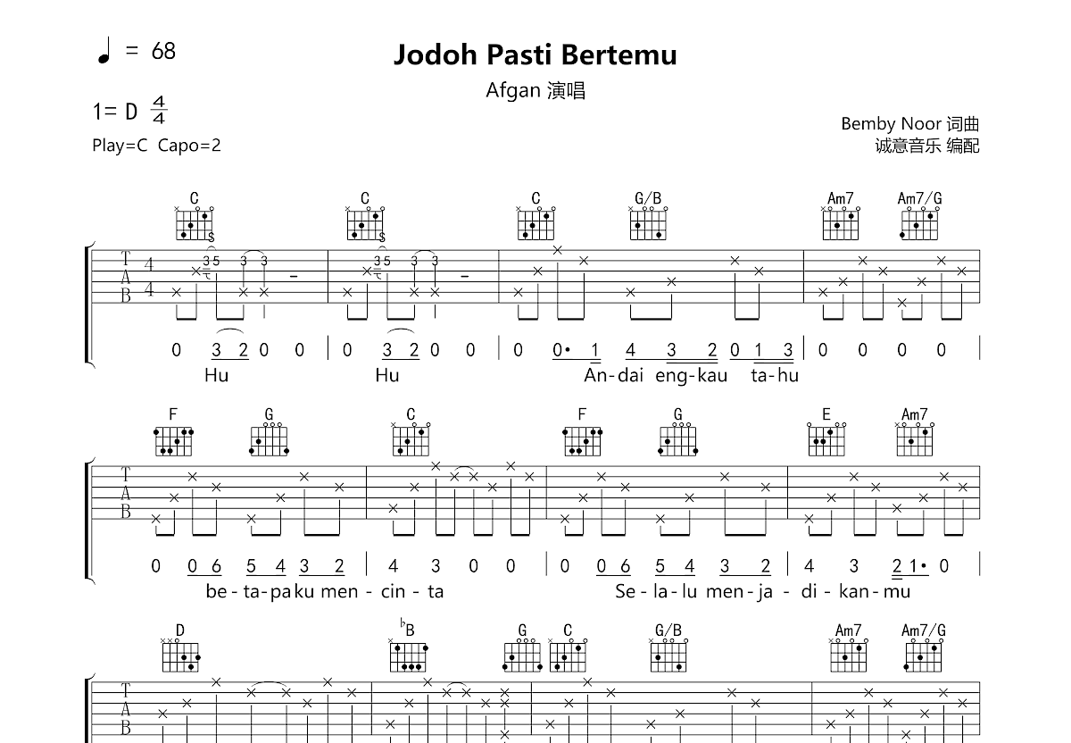 Jodoh Pasti Bertemu吉他谱_Afgan_C调弹唱
