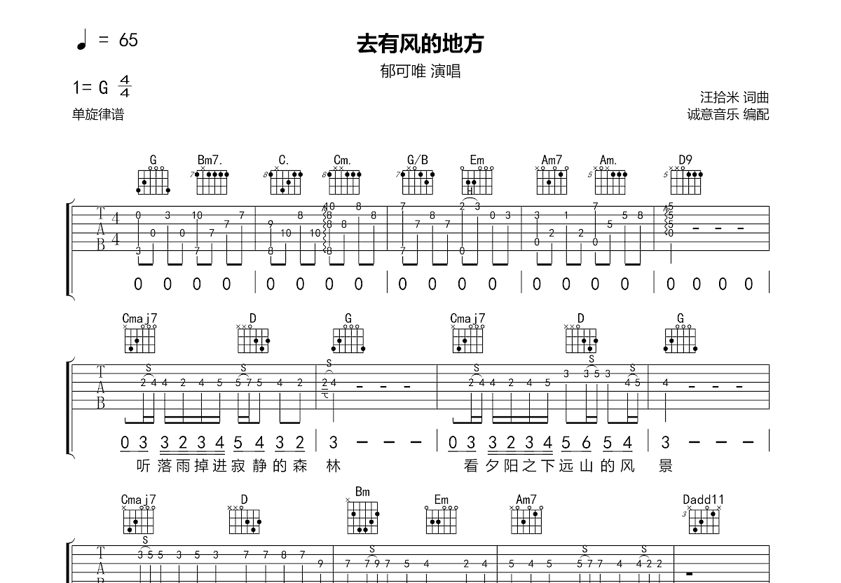 去有风的地方吉他谱预览图