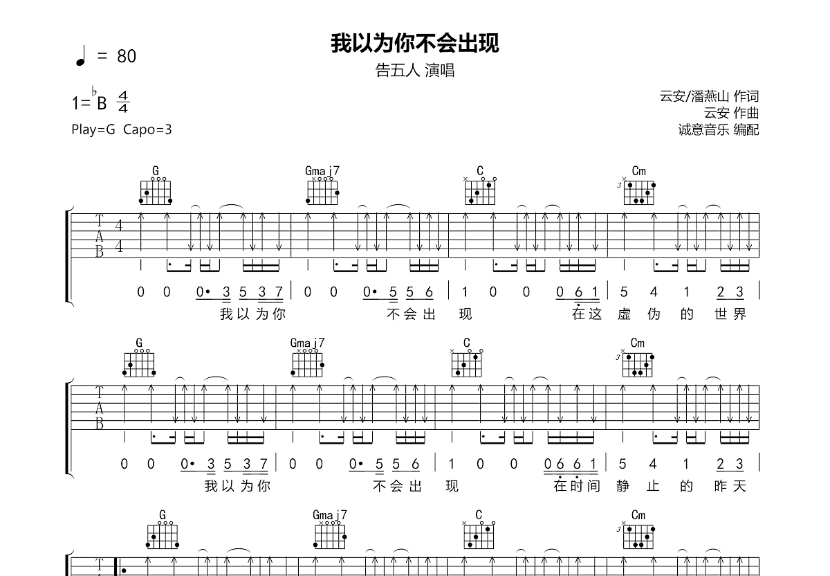 我以为你不会出现吉他谱预览图