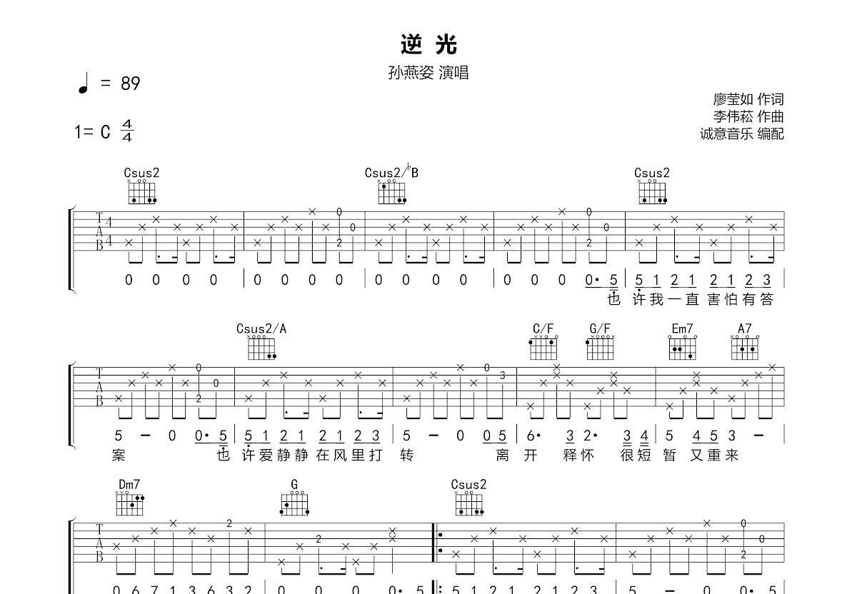 逆光吉他谱预览图