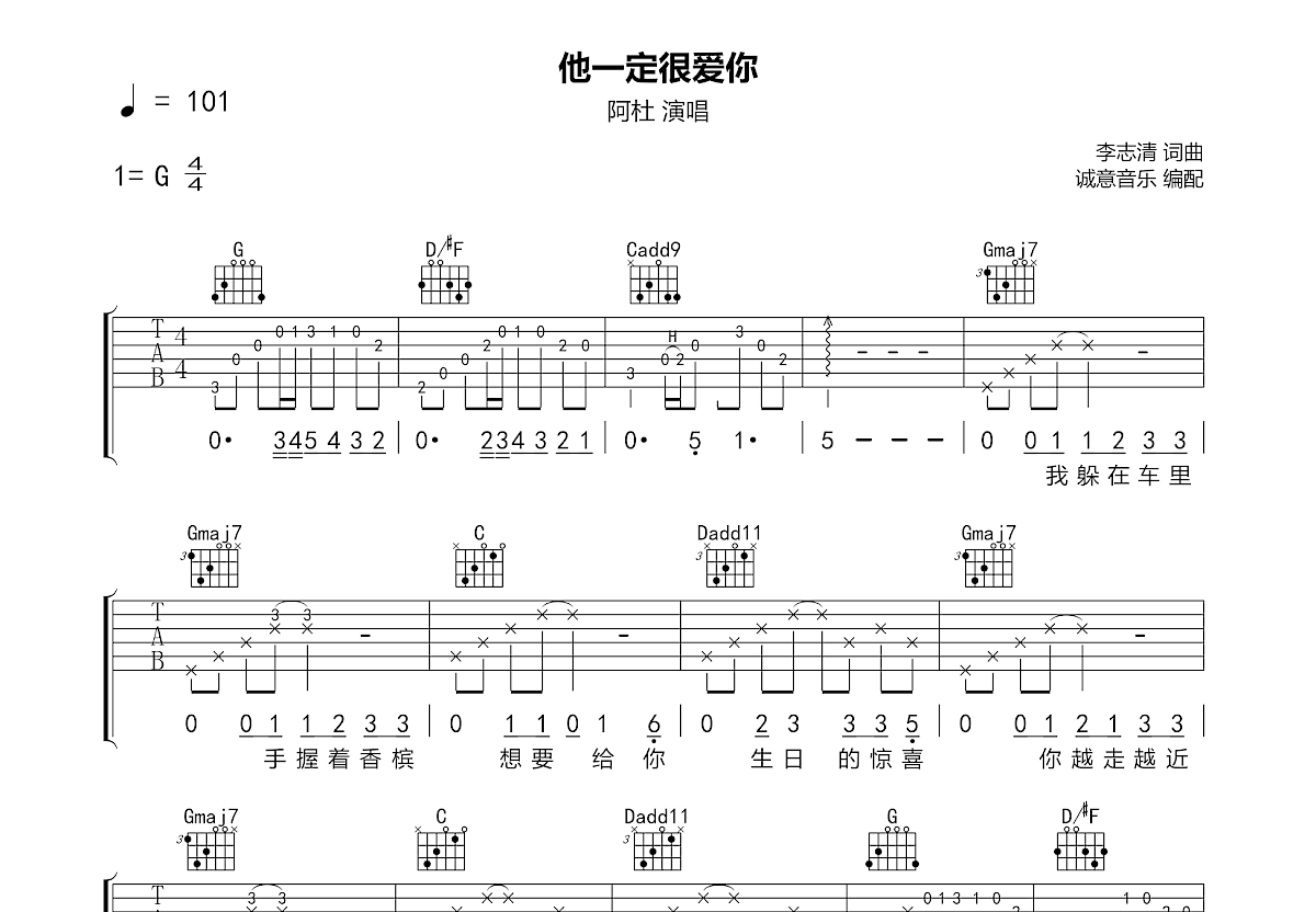 他一定很爱你吉他谱预览图