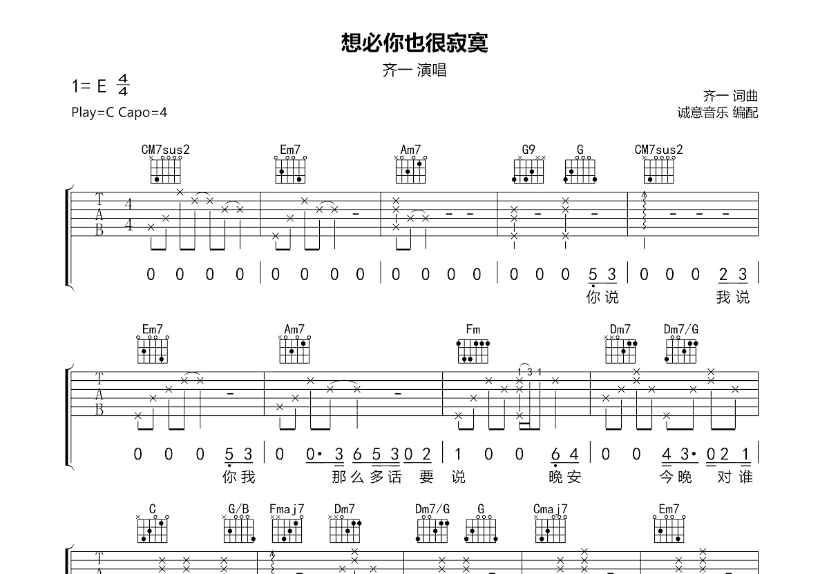 想必你也很寂寞吉他谱预览图