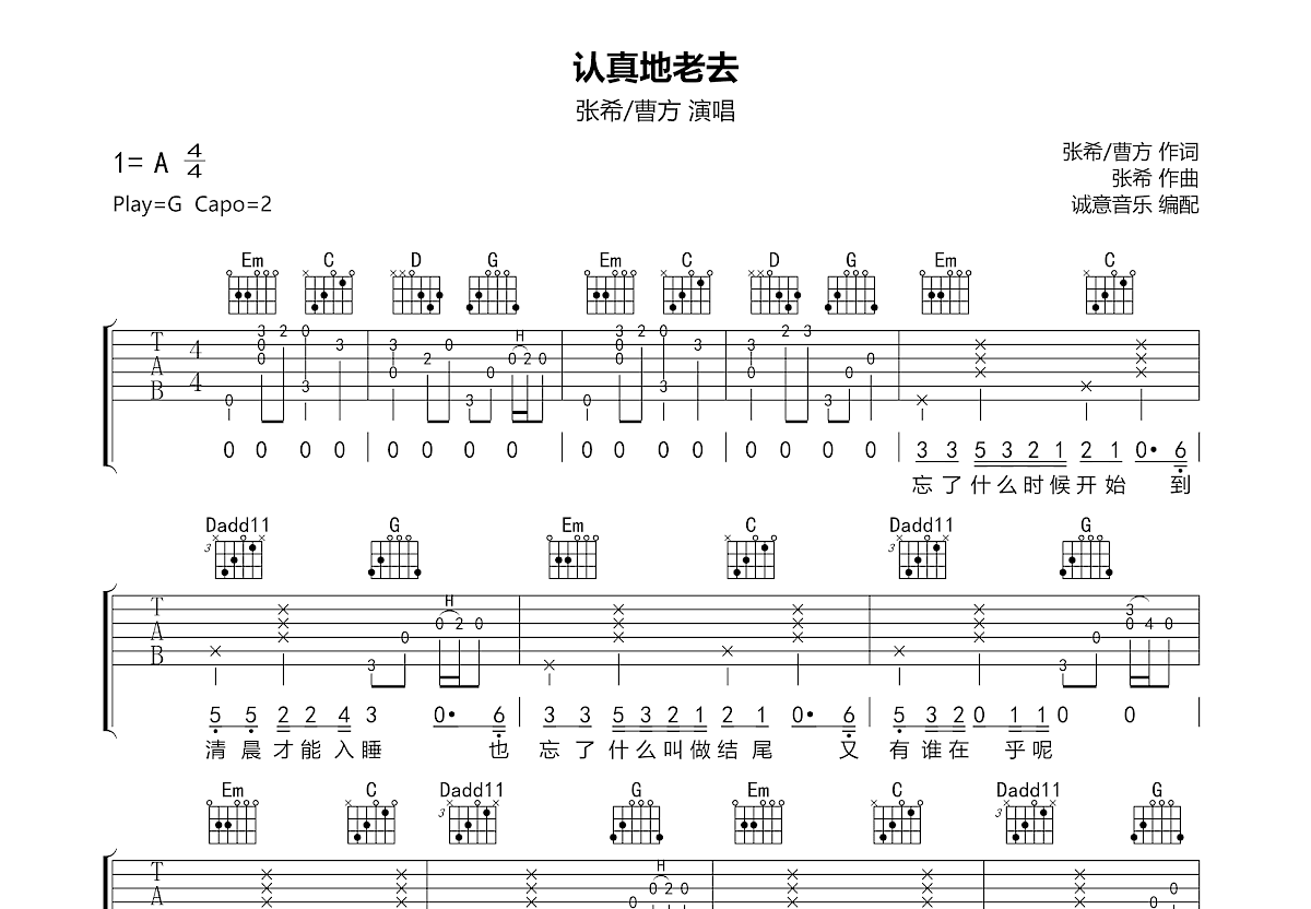 认真地老去吉他谱预览图