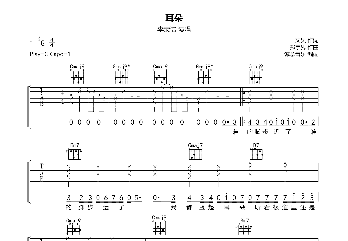 耳朵吉他谱预览图