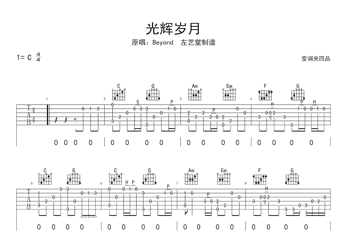 光辉岁月吉他谱_Beyond_C调弹唱