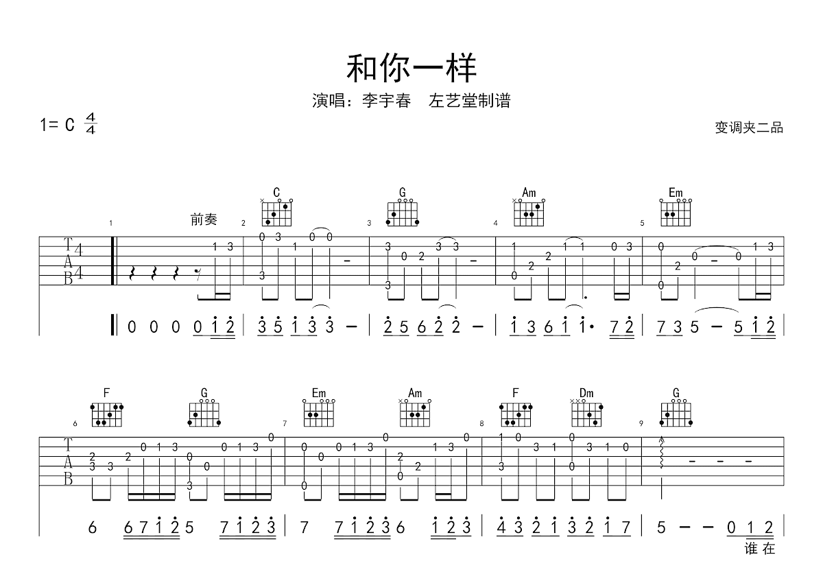 和你一样吉他谱预览图