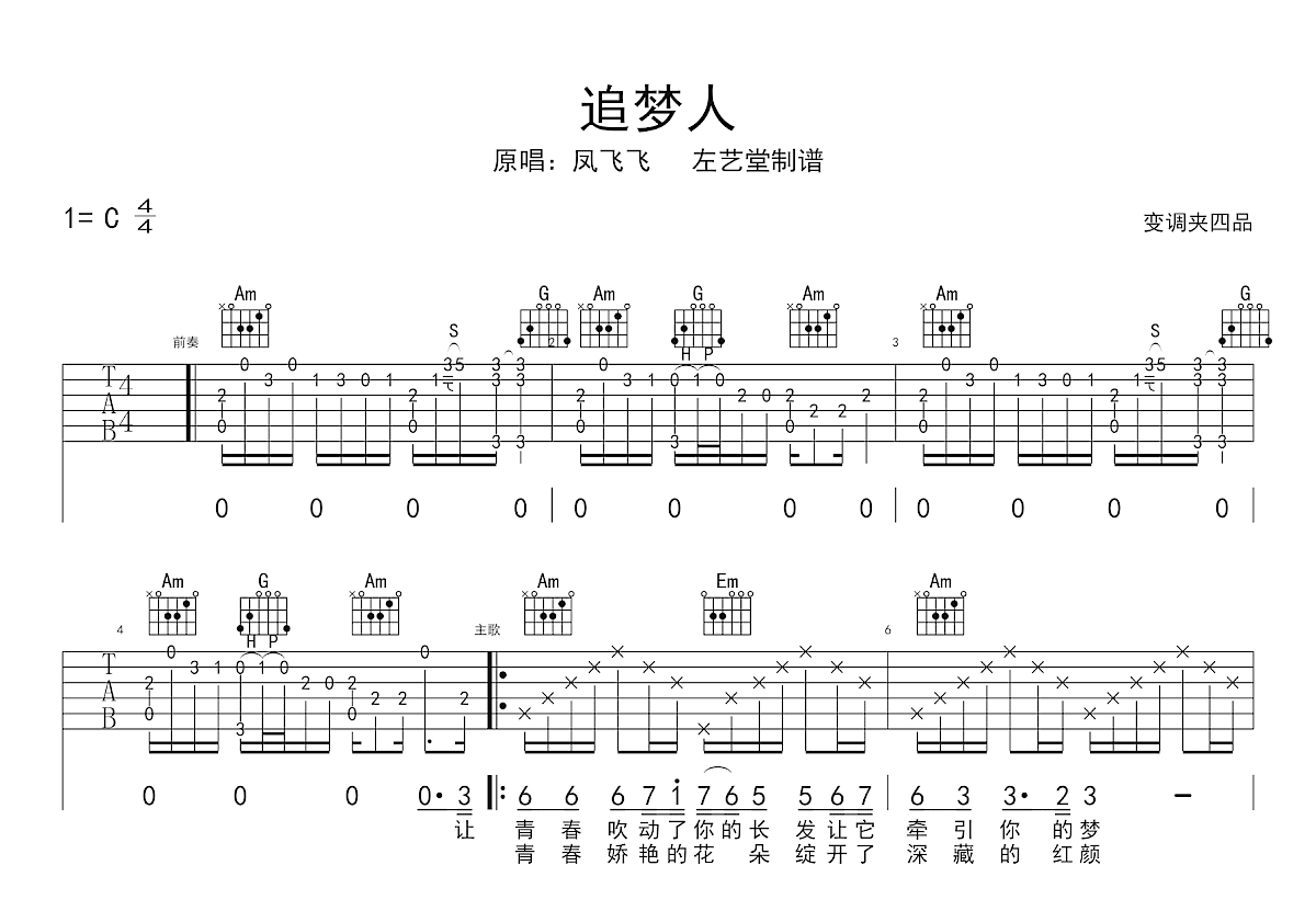 追梦人吉他谱_凤飞飞_C调弹唱