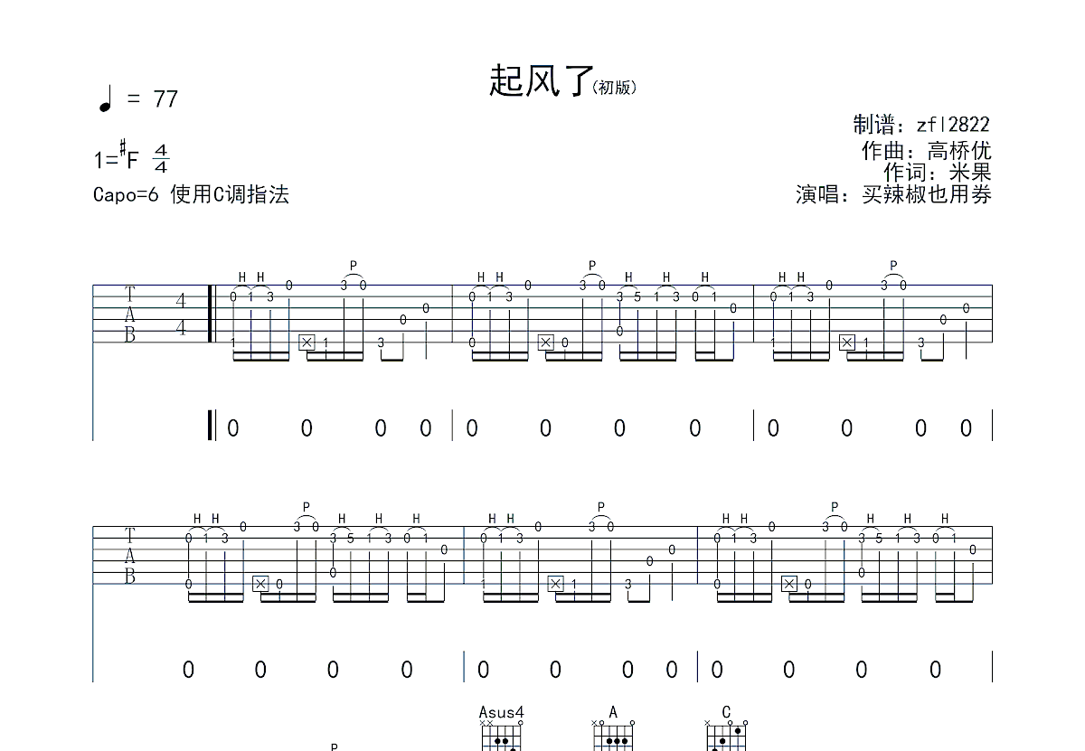 起风了吉他谱预览图